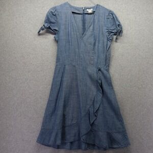 J Crew Dress Womens 0 Chambray Faux-Wrap V-Neck Ruffle Hem Blue Short Cap Sleeve